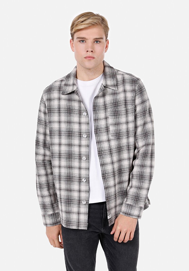 Comfort Fit Shirt Neck Ekoseli Erkek Gri Shacket