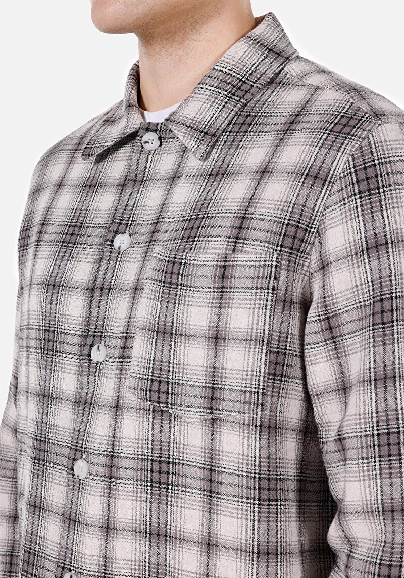 Comfort Fit Shirt Neck Ekoseli Erkek Gri Shacket