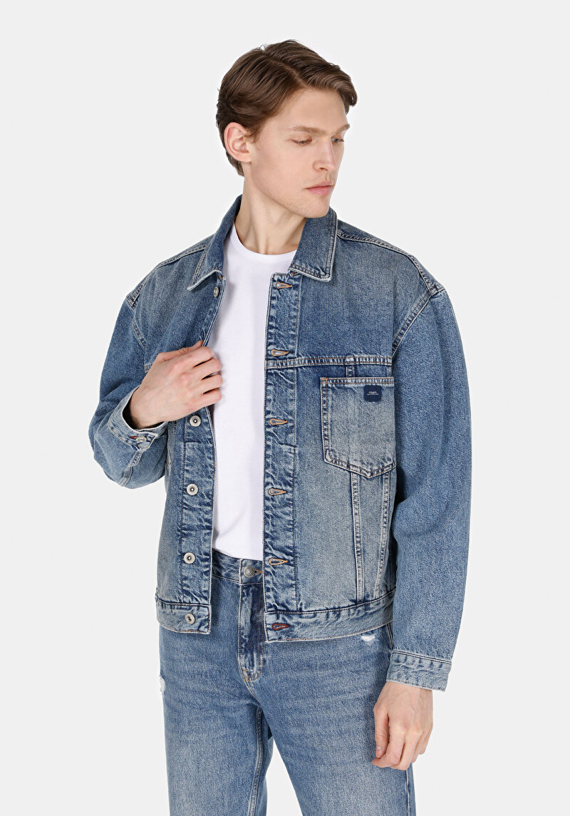 Oversize Fit Düğmeli Astarsız Erkek Mavi Ceket
