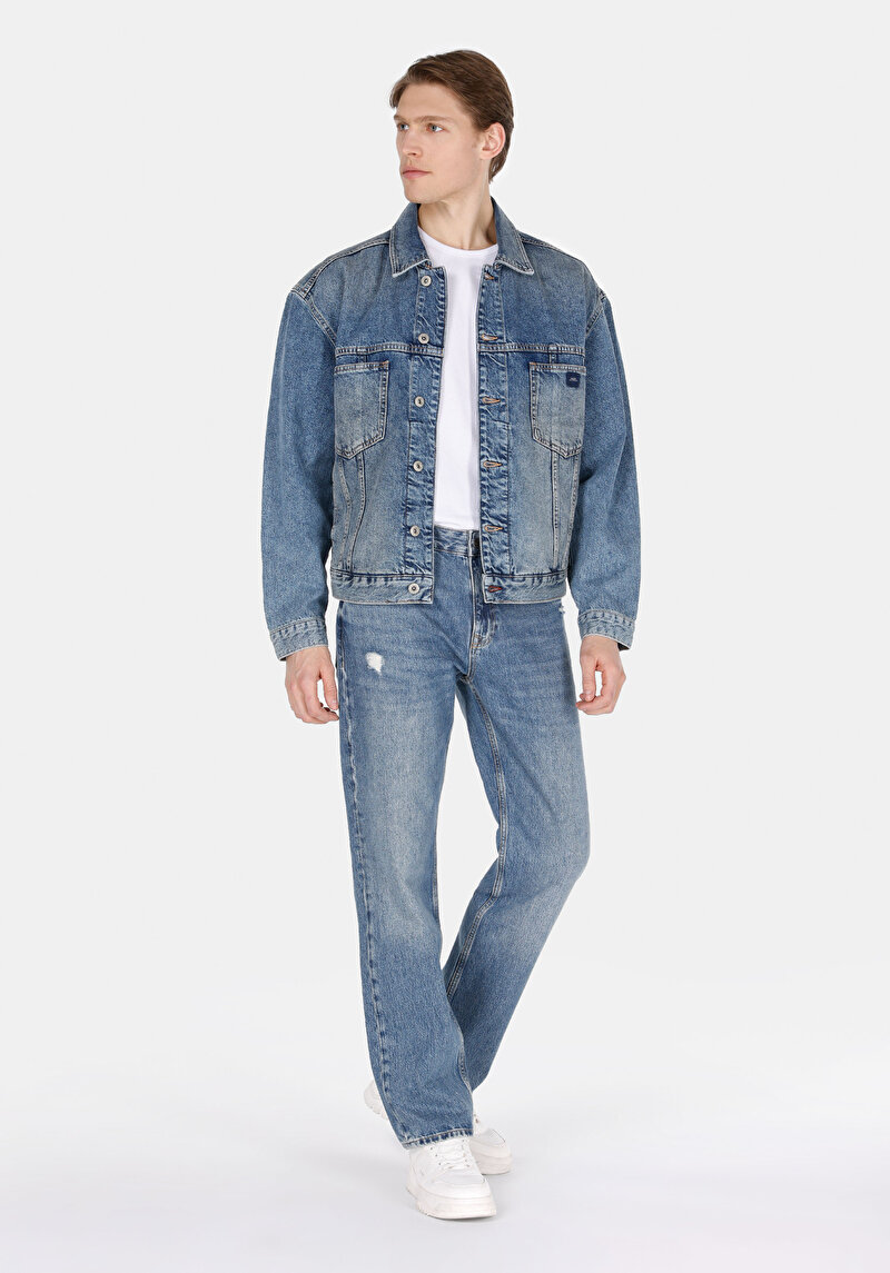 Oversize Fit Düğmeli Astarsız Erkek Mavi Ceket