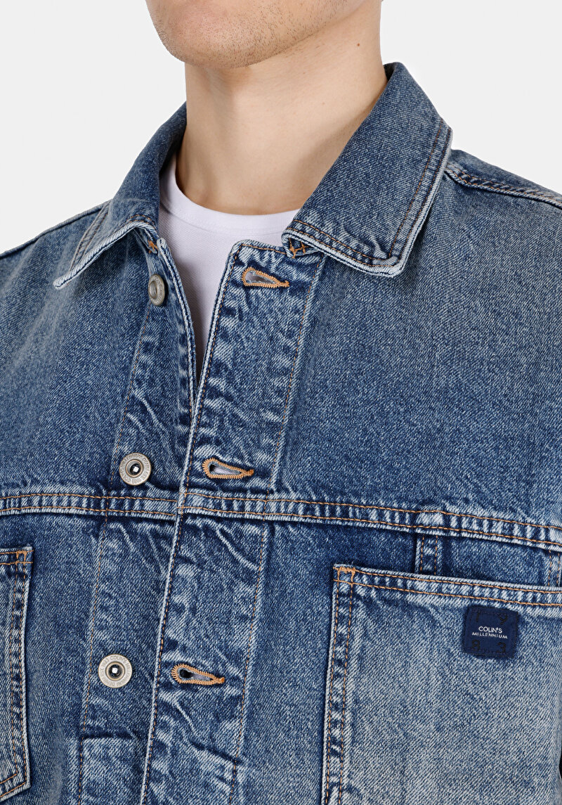 Oversize Fit Düğmeli Astarsız Erkek Mavi Ceket