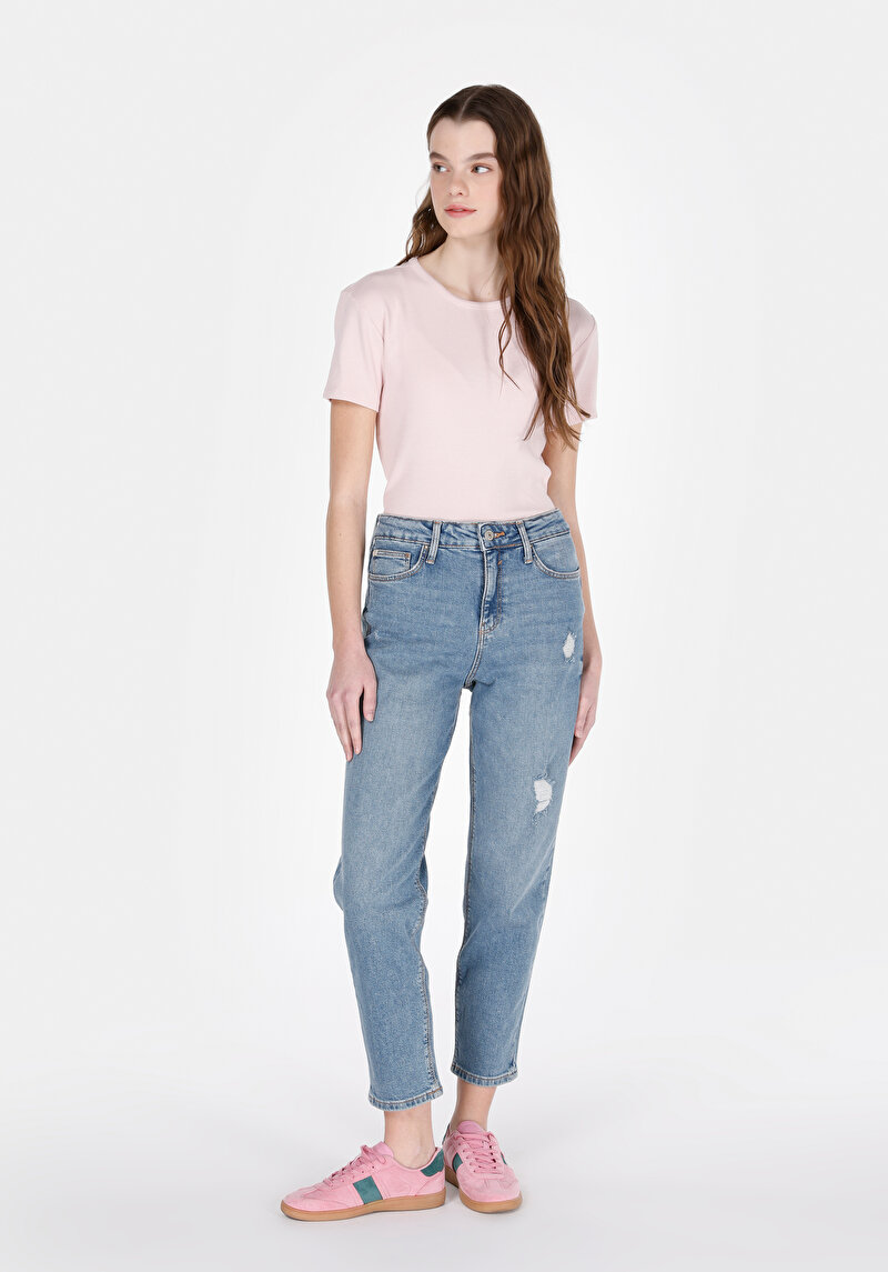 Mom Fit Yüksek Bel Daralan Paça Kadın İndigo Denim Jean Pantolon