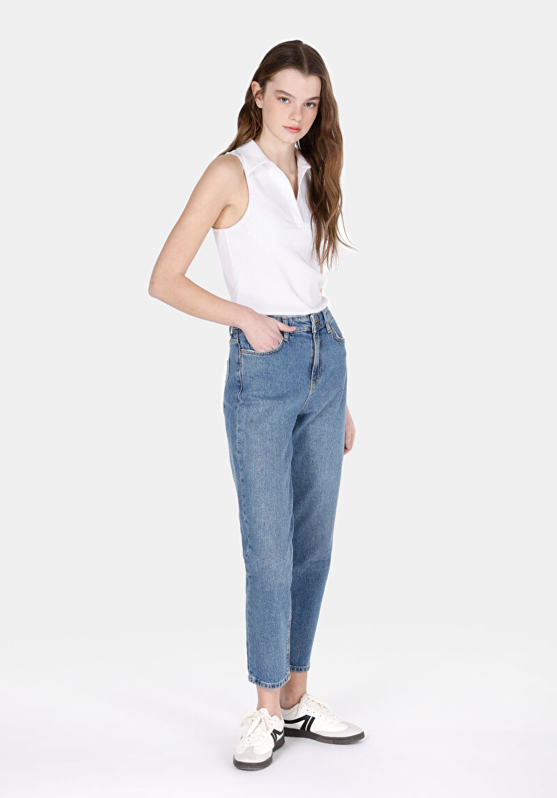 Mom Fit Yüksel Bel Daralan Paça Fermuarlı Dark İndigo Kadın Denim Jean Pantolon