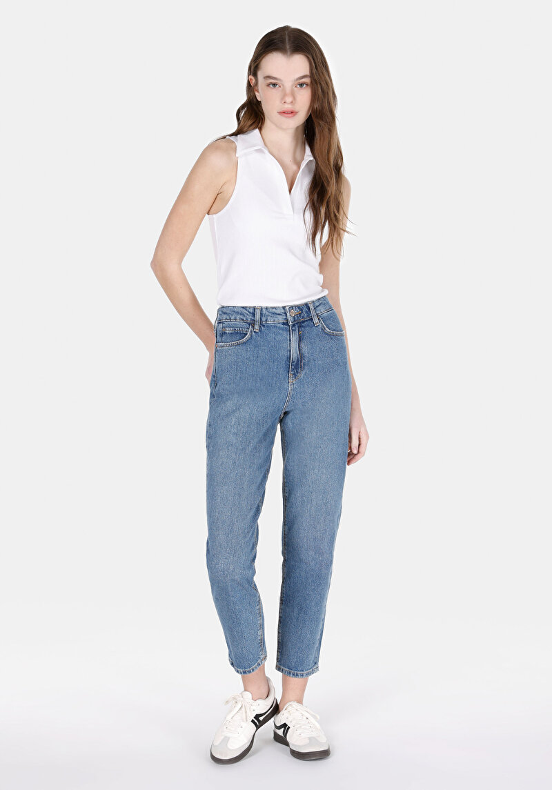 Mom Fit Yüksel Bel Daralan Paça Fermuarlı Dark İndigo Kadın Denim Jean Pantolon