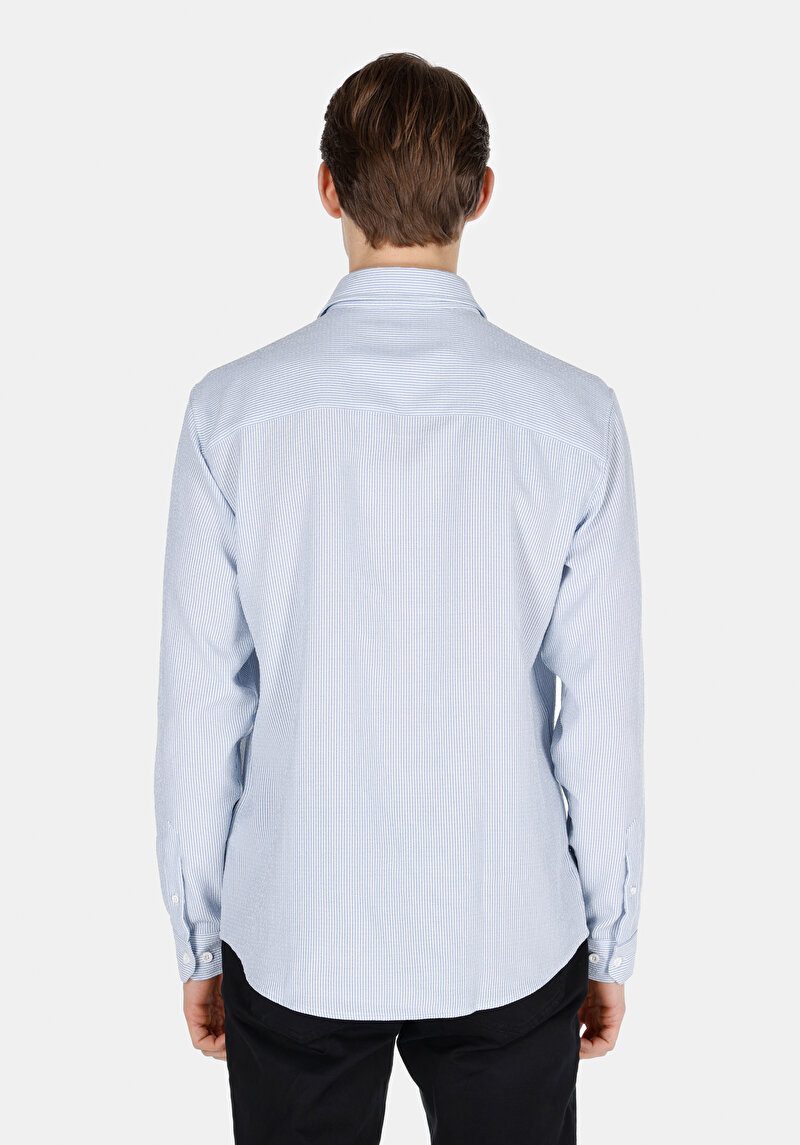 Regular Fit Shirt Neck Çizgili Erkek Mavi Uzun Kol Gömlek