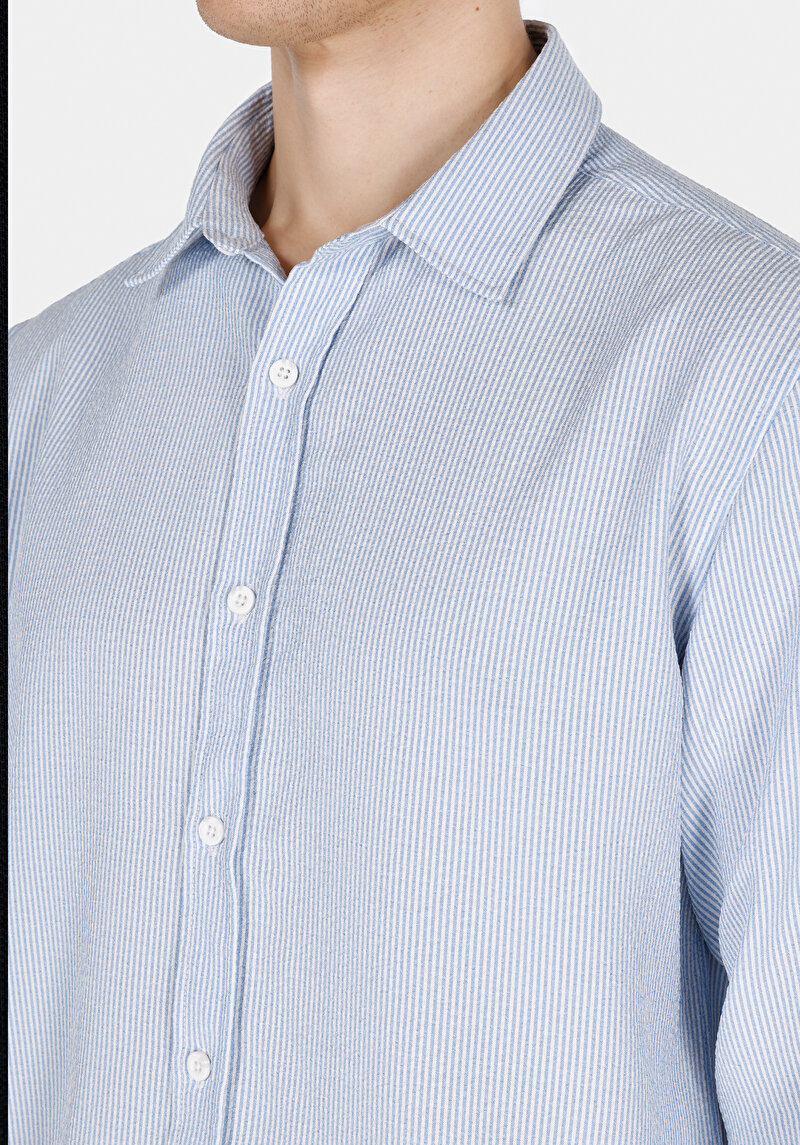 Regular Fit Shirt Neck Çizgili Erkek Mavi Uzun Kol Gömlek