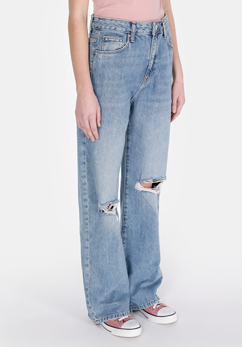 Straight Fit Yüksek Bel Tam Boy Paça Kadın Mid İndigo Denim Jean Fermuarlı Pantolon