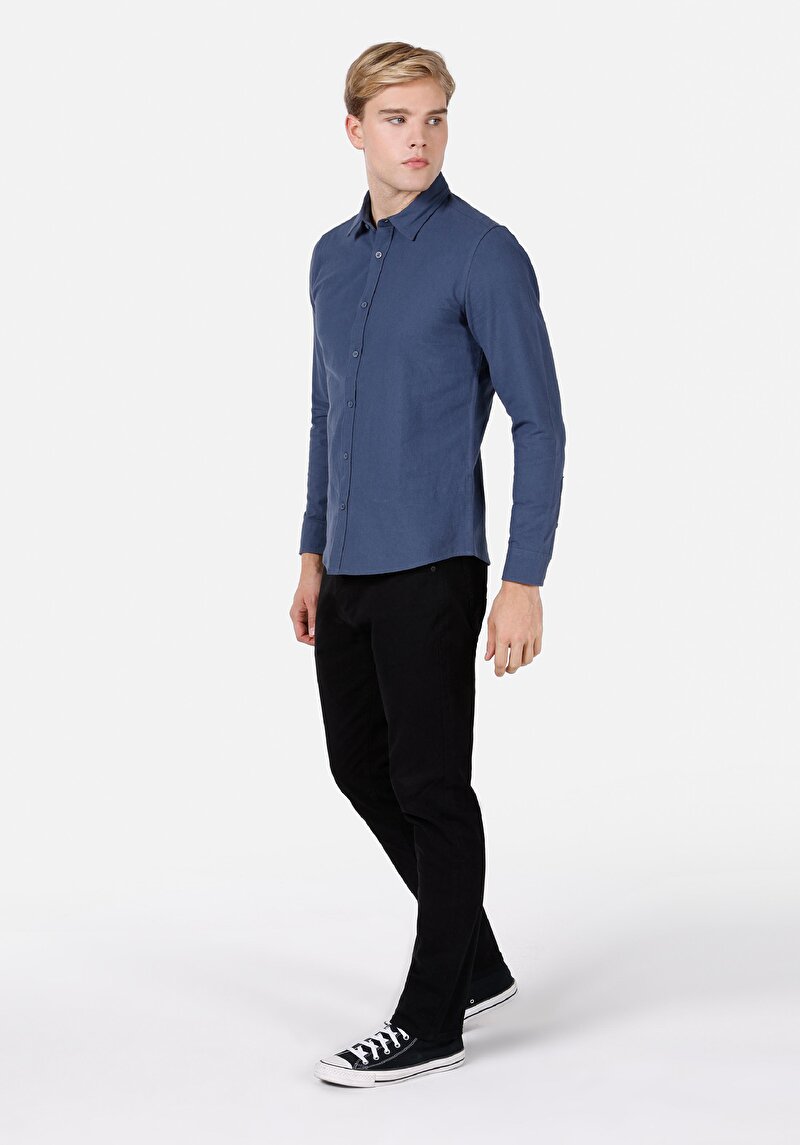 Slim Fit Shirt Neck Düz Erkek Mavi Uzun Kol Gömlek