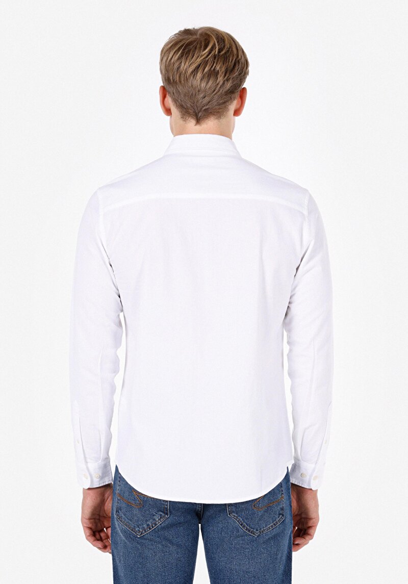 Slim Fit Shirt Neck Düz Erkek Beyaz Uzun Kol Gömlek