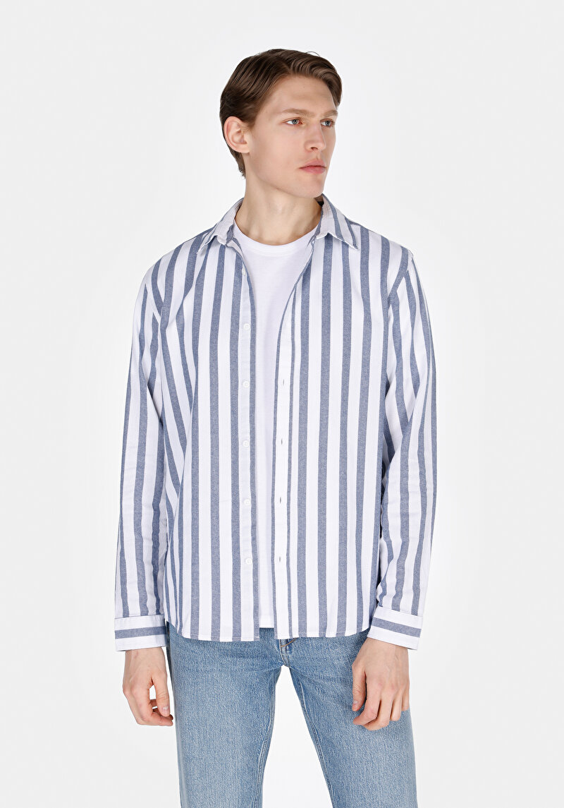 Regular Fit Shirt Neck Çizgili Erkek Mavi Uzun Kol Gömlek