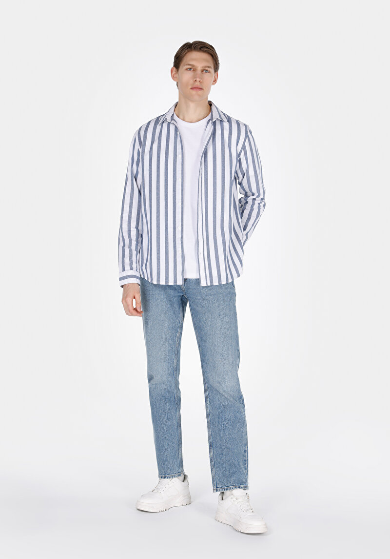 Regular Fit Shirt Neck Çizgili Erkek Mavi Uzun Kol Gömlek