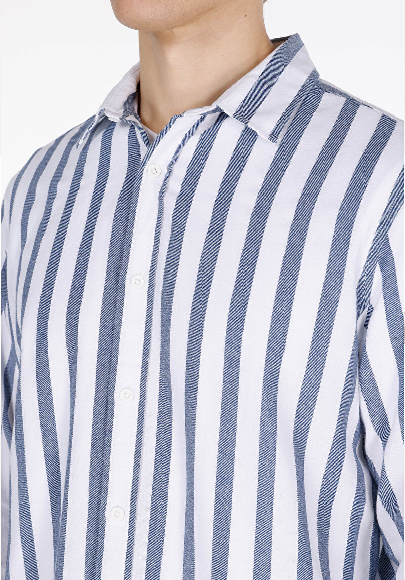 Regular Fit Shirt Neck Çizgili Erkek Mavi Uzun Kol Gömlek