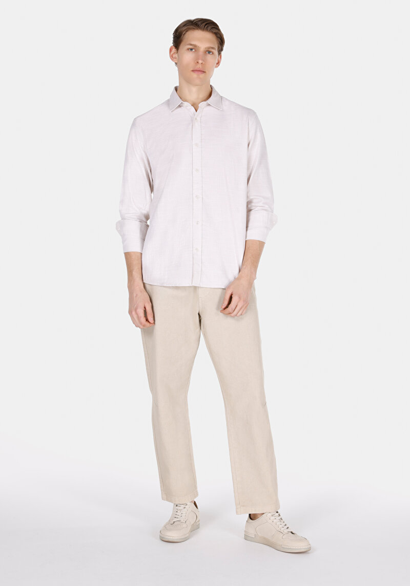 Regular Fit Shirt Neck Düz Erkek Ekru Uzun Kol Gömlek