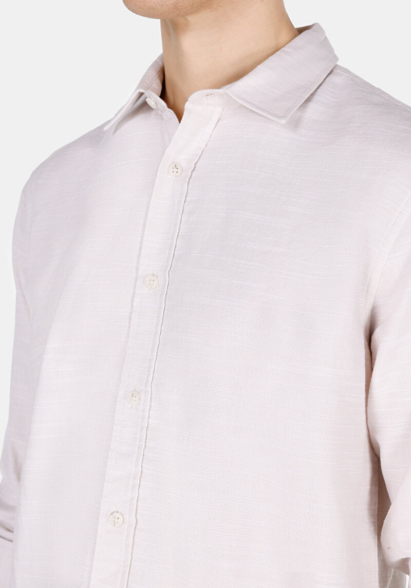 Regular Fit Shirt Neck Düz Erkek Ekru Uzun Kol Gömlek