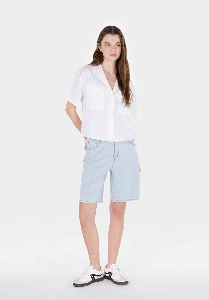 Regular Fit Shirt Neck Düz Kadın Beyaz Kısa Kol Gömlek