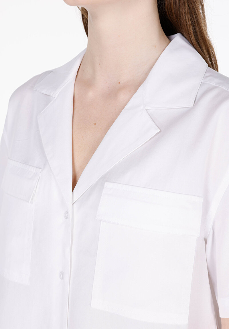 Regular Fit Shirt Neck Düz Kadın Beyaz Kısa Kol Gömlek