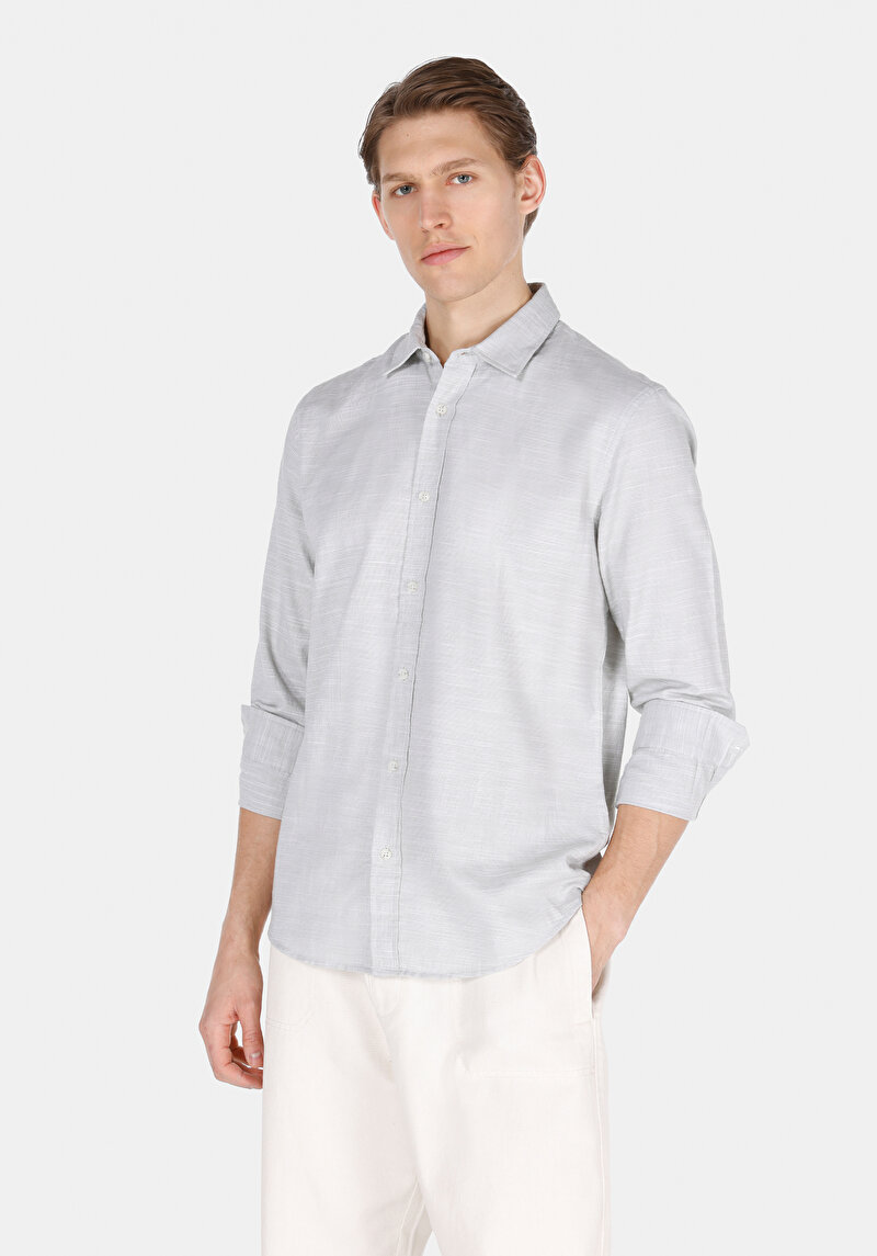 Regular Fit Shirt Neck Düz Erkek Yeşil Uzun Kol Gömlek