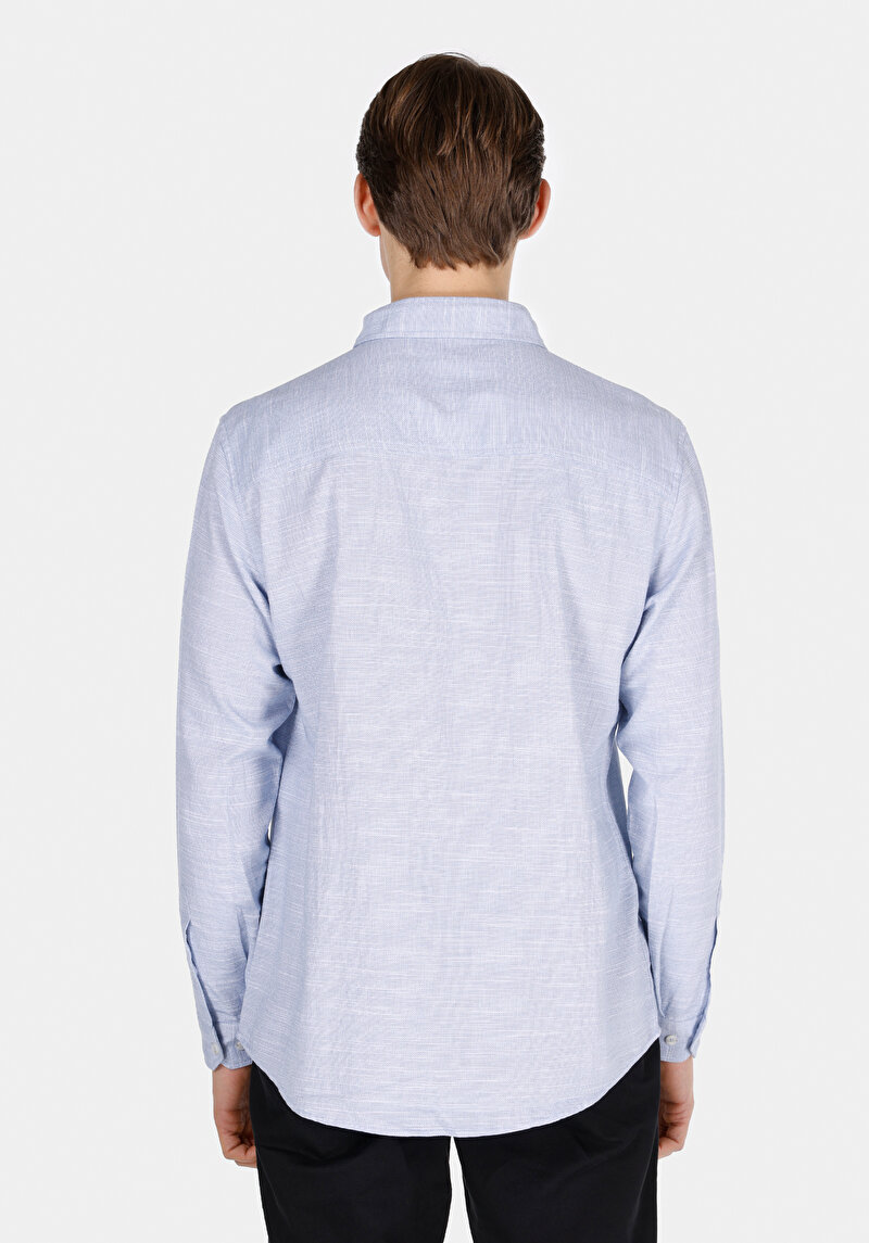 Regular Fit Shirt Neck Düz Erkek Mavi Uzun Kol Gömlek