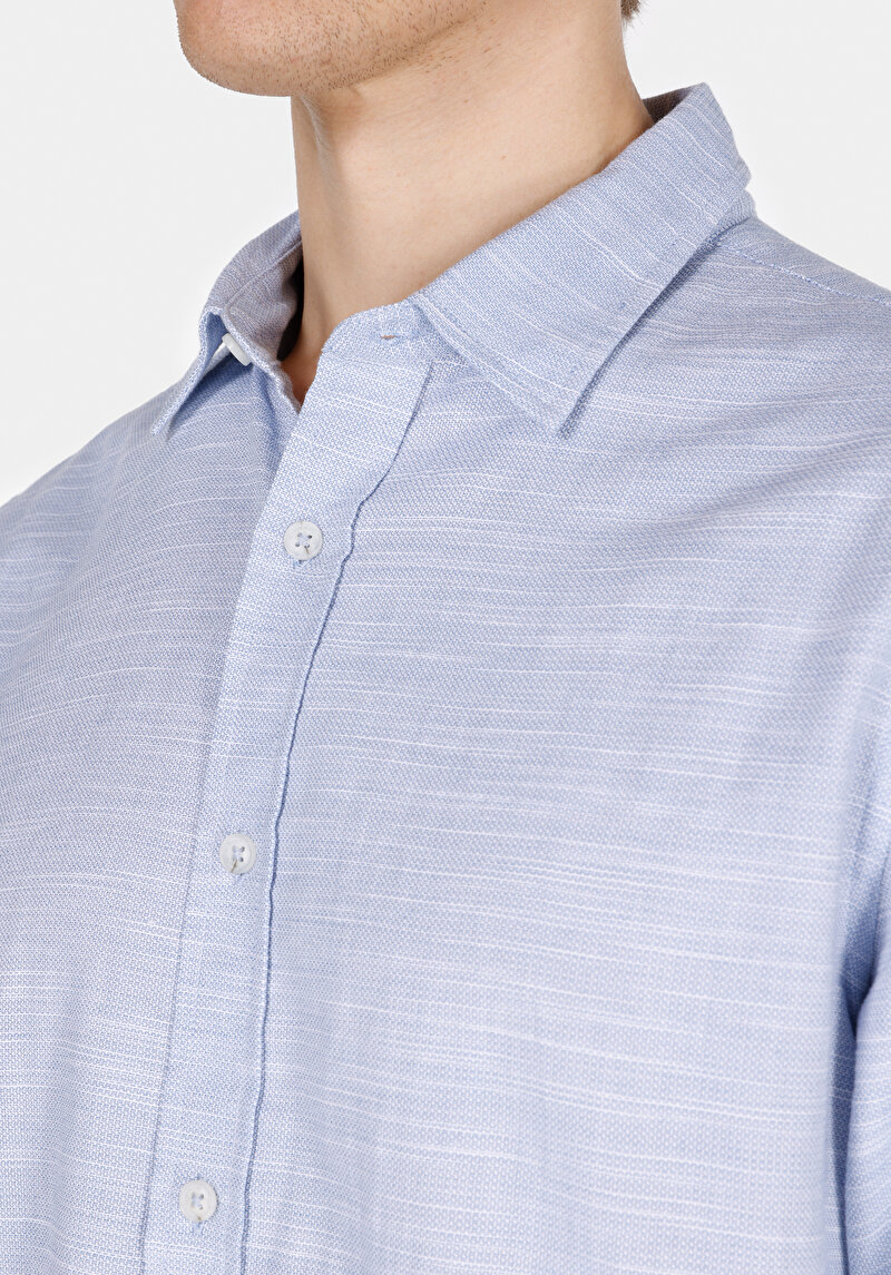 Regular Fit Shirt Neck Düz Erkek Mavi Uzun Kol Gömlek