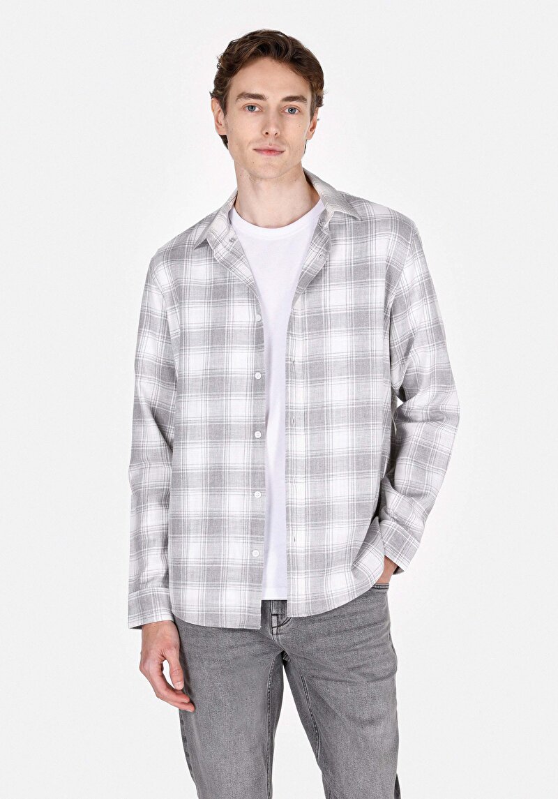 Regular Fit Shirt Neck Ekoseli Erkek Gri Uzun Kol Gömlek