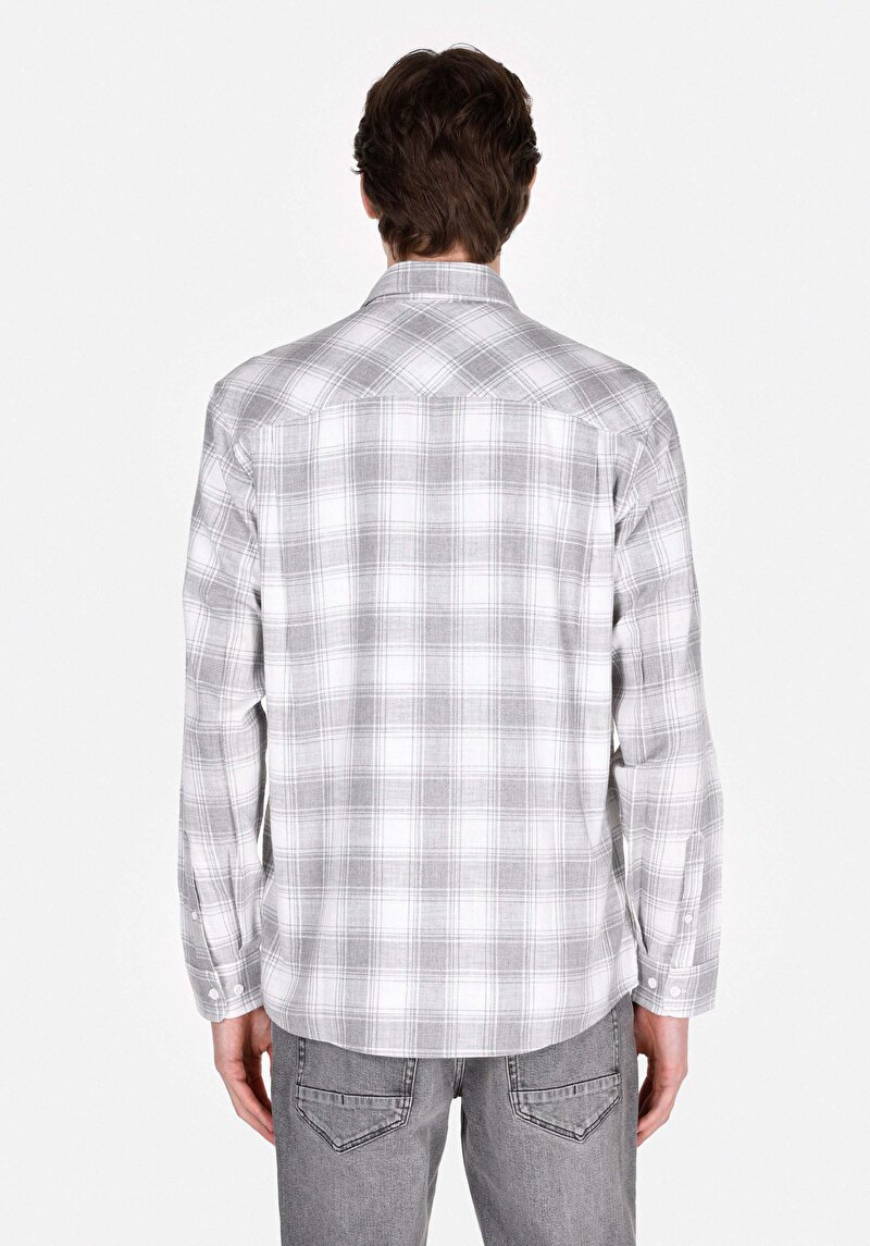 Regular Fit Shirt Neck Ekoseli Erkek Gri Uzun Kol Gömlek