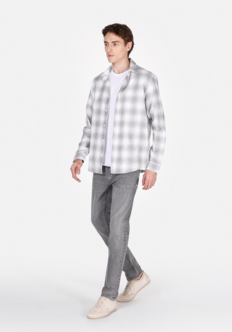 Regular Fit Shirt Neck Ekoseli Erkek Gri Uzun Kol Gömlek
