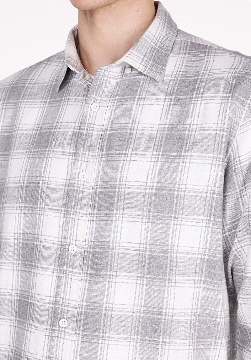Regular Fit Shirt Neck Ekoseli Erkek Gri Uzun Kol Gömlek