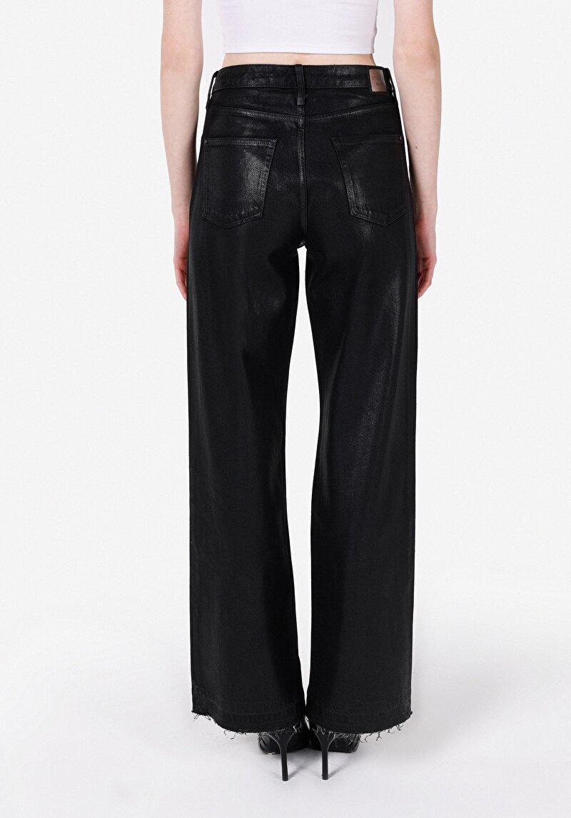 Regular Fit Yüksel Bel Geniş Paça Kadın Siyah Jean Pantolon