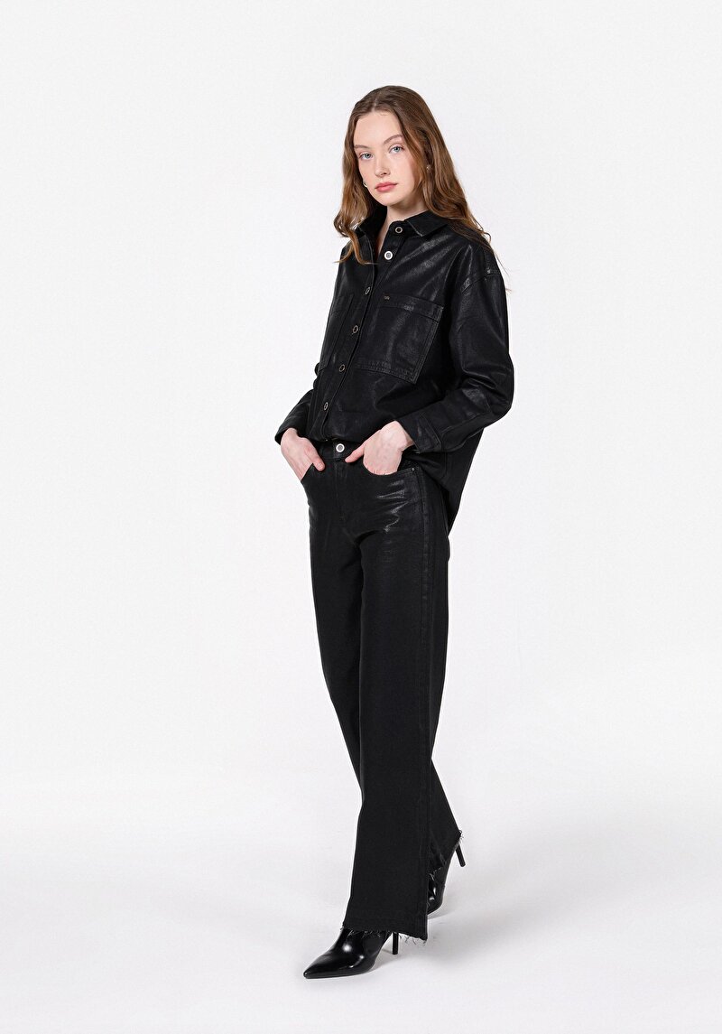 Regular Fit Yüksel Bel Geniş Paça Kadın Siyah Jean Pantolon