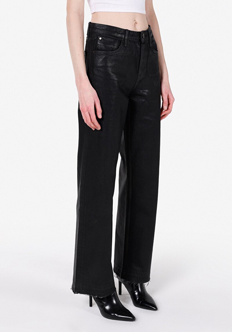 Regular Fit Yüksel Bel Geniş Paça Kadın Siyah Jean Pantolon