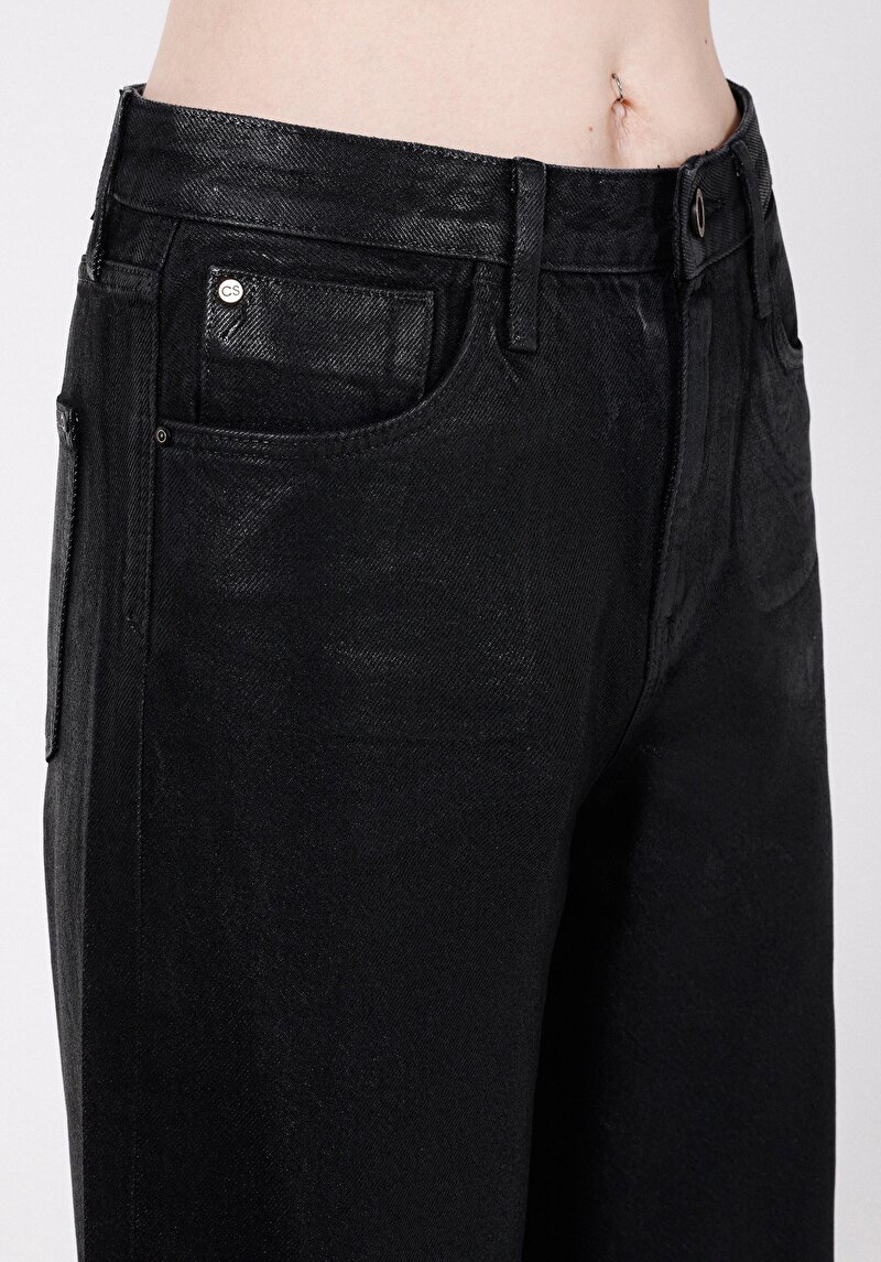 Regular Fit Yüksel Bel Geniş Paça Kadın Siyah Jean Pantolon