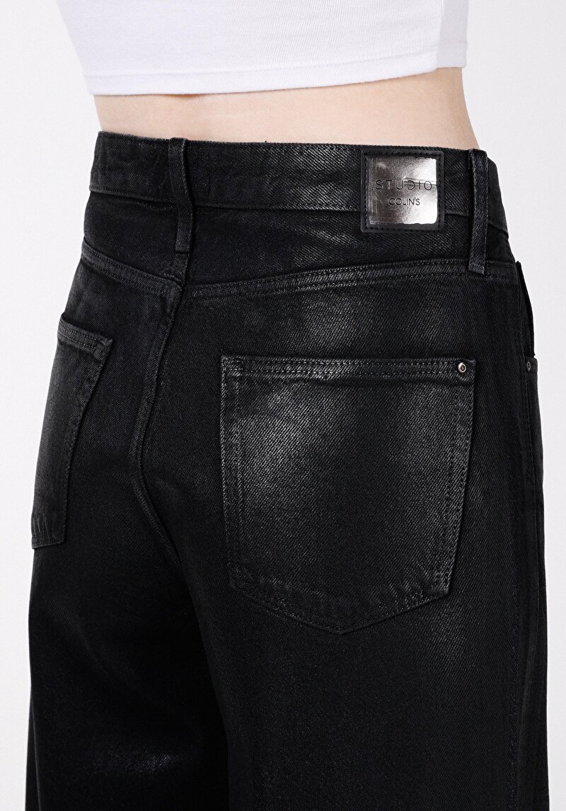 Regular Fit Yüksel Bel Geniş Paça Kadın Siyah Jean Pantolon