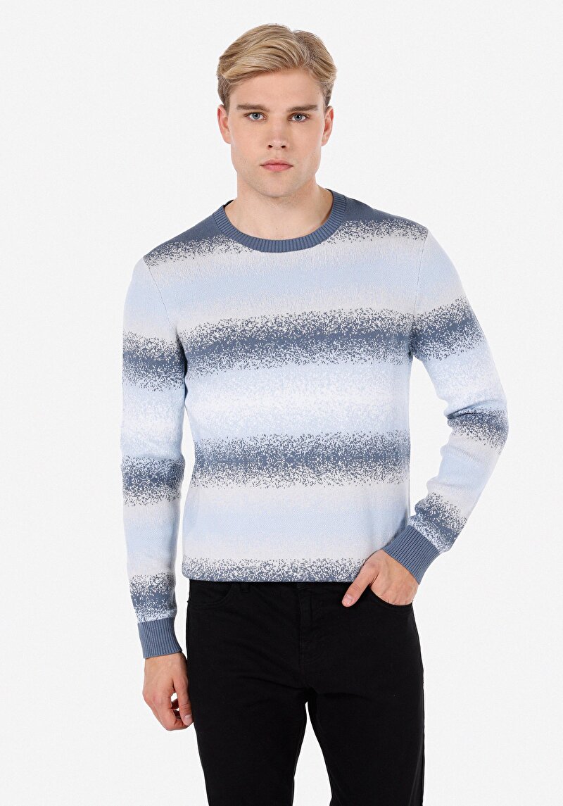 Regular Fit Yuvarlak Yaka Jakarlı Erkek Mavi Kazak