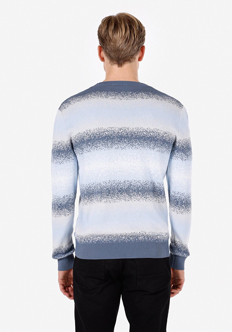 Regular Fit Yuvarlak Yaka Jakarlı Erkek Mavi Kazak