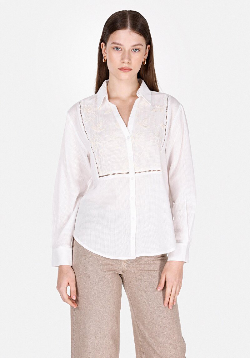 Regular Fit Shirt Neck Cepsiz Düz Kadın Beyaz Uzun Kol Gömlek