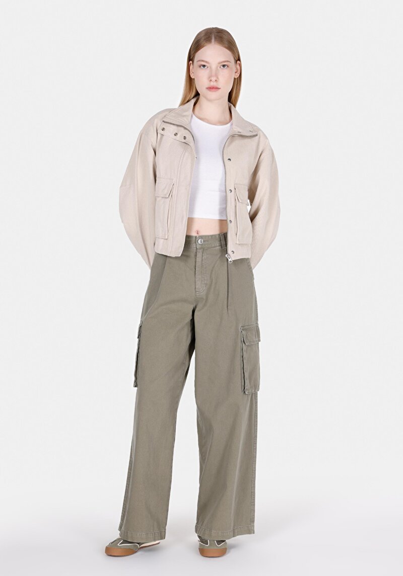 Regular Fit Orta Bel Geniş Paça Kadın Yeşil Pantolon