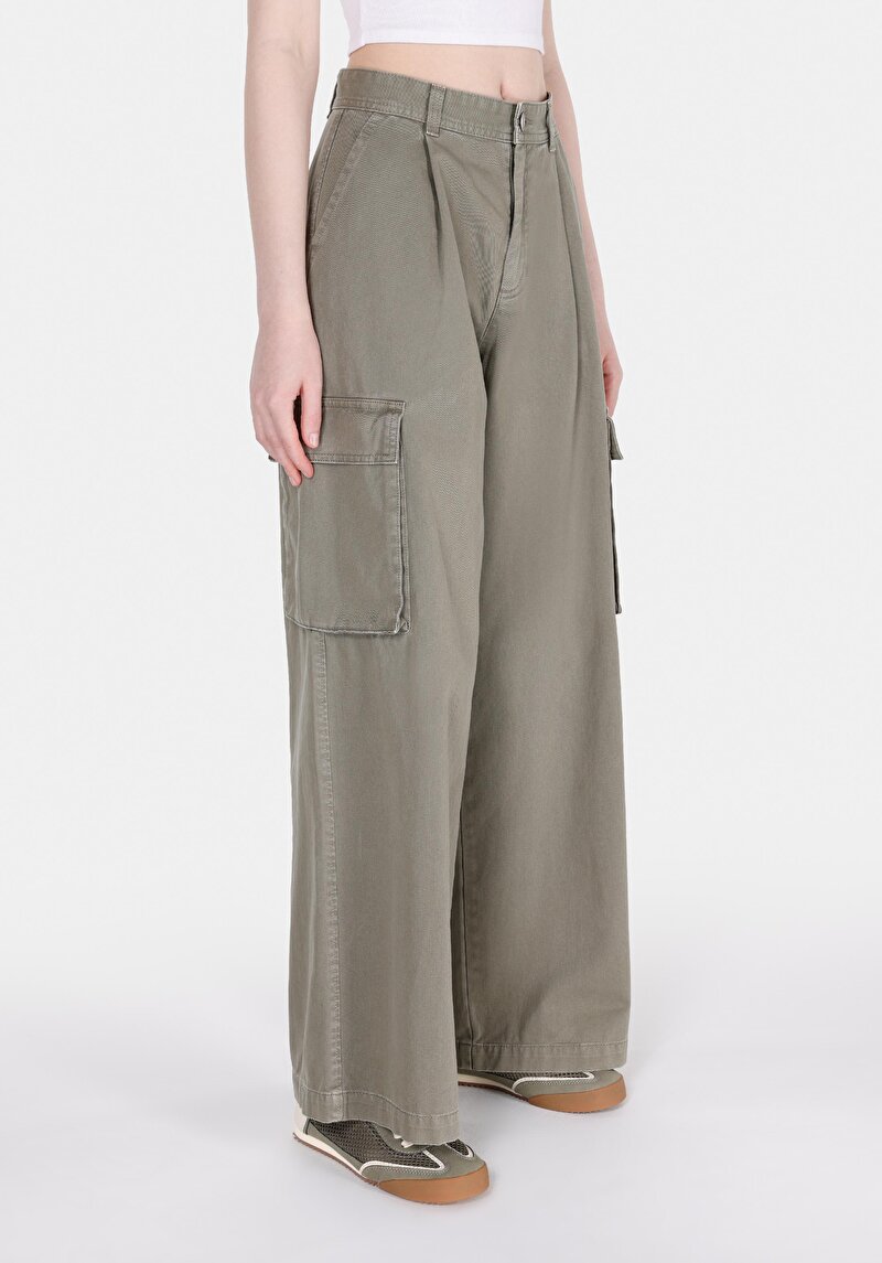 Regular Fit Orta Bel Geniş Paça Kadın Yeşil  Pantolon