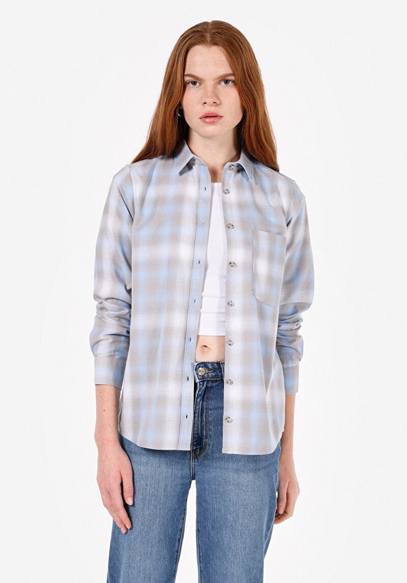 Regular Fit Shirt Neck Ekoseli Kadın Mavi Uzun Kol Gömlek