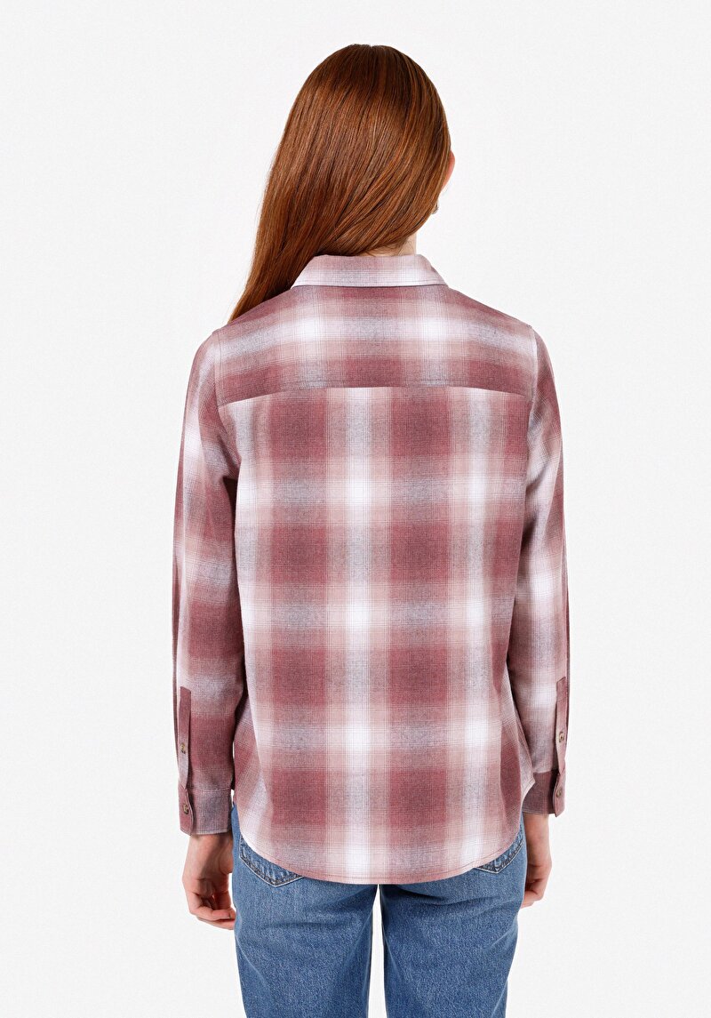 Regular Fit Shirt Neck Ekoseli Kadın Pembe Uzun Kol Gömlek