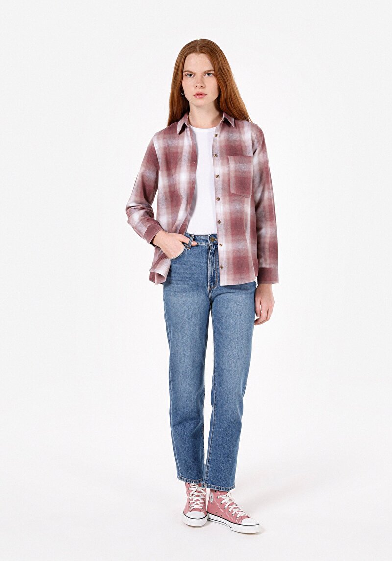 Regular Fit Shirt Neck Ekoseli Kadın Pembe Uzun Kol Gömlek