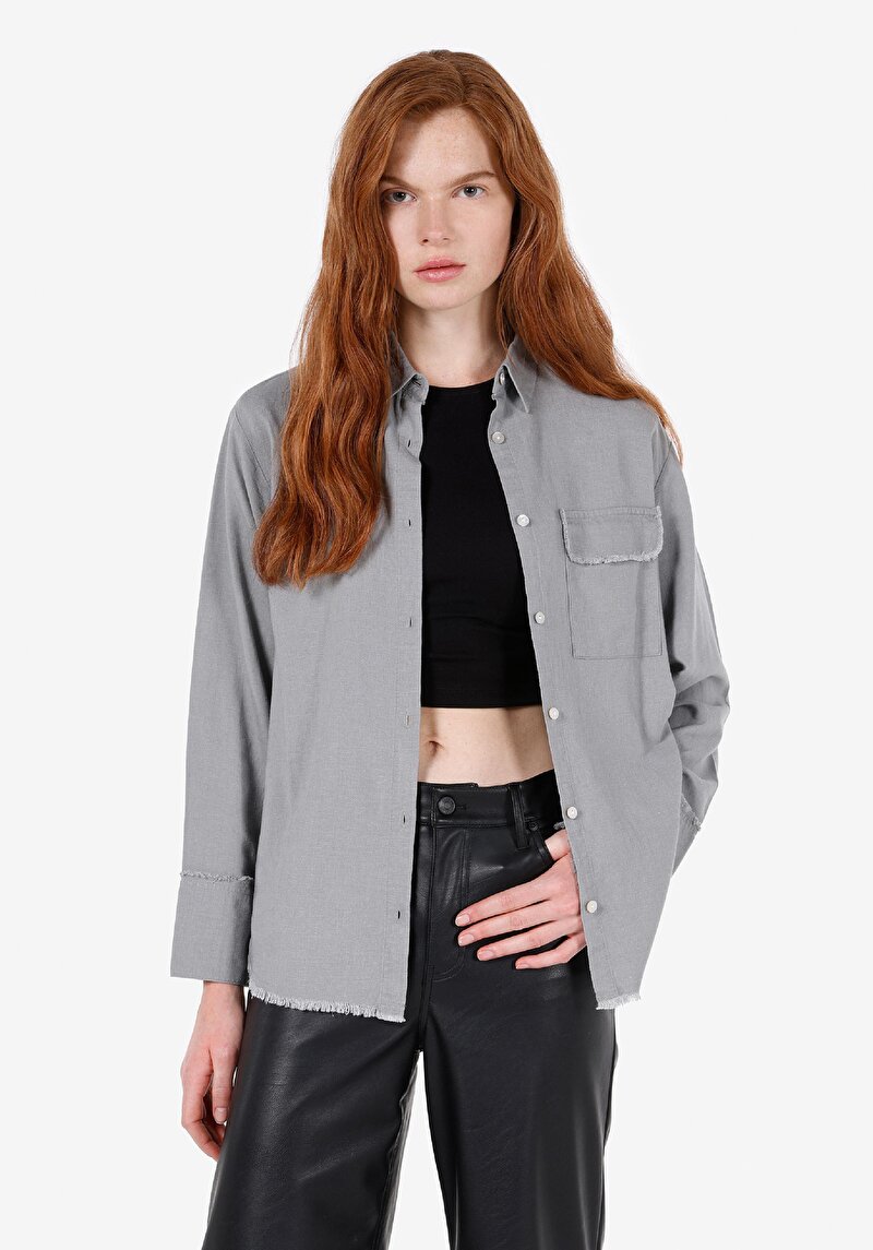 Regular Fit Shirt Neck Düz Kadın Gri Uzun Kol Gömlek