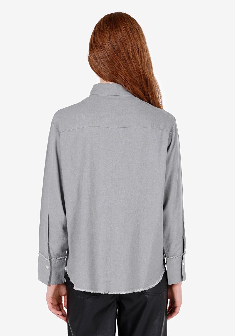 Regular Fit Shirt Neck Düz Kadın Gri Uzun Kol Gömlek