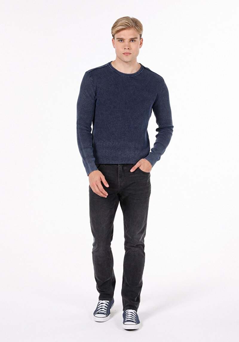 Regular Fit Yuvarlak Yaka Jakarlı Erkek Mavi Kazak