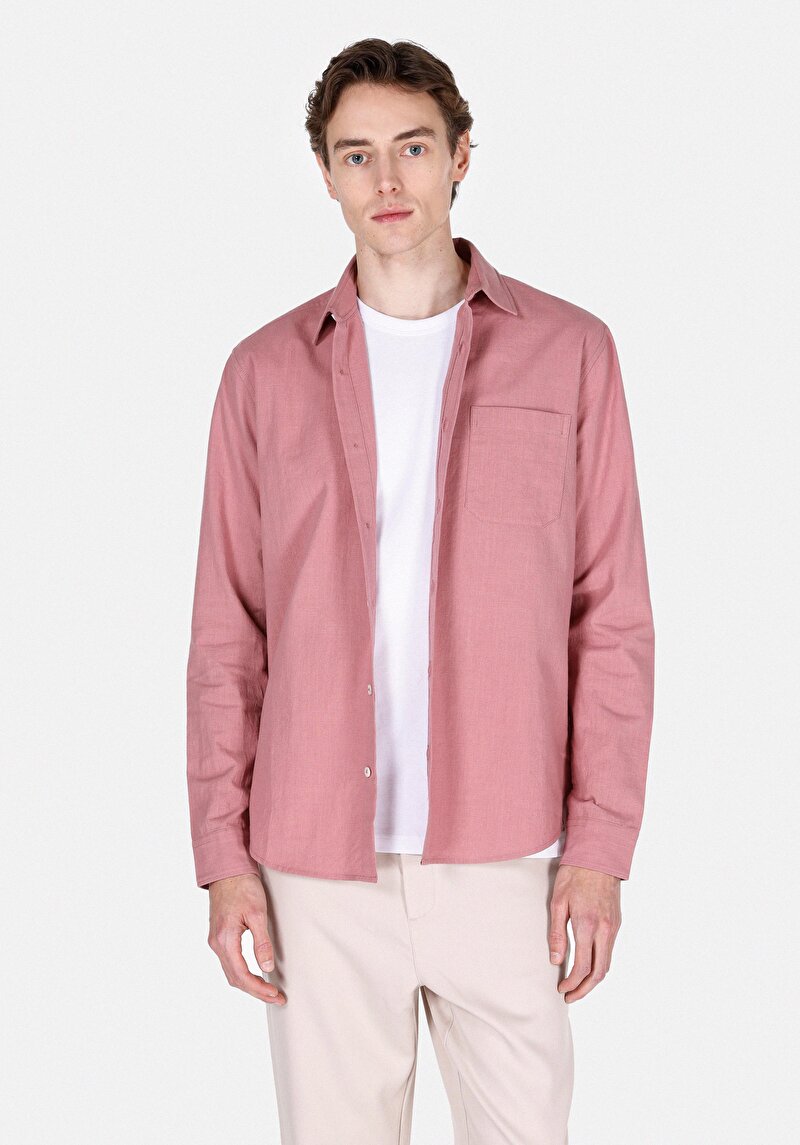 Regular Fit Shirt Neck Düz Erkek Pembe Uzun Kol Gömlek
