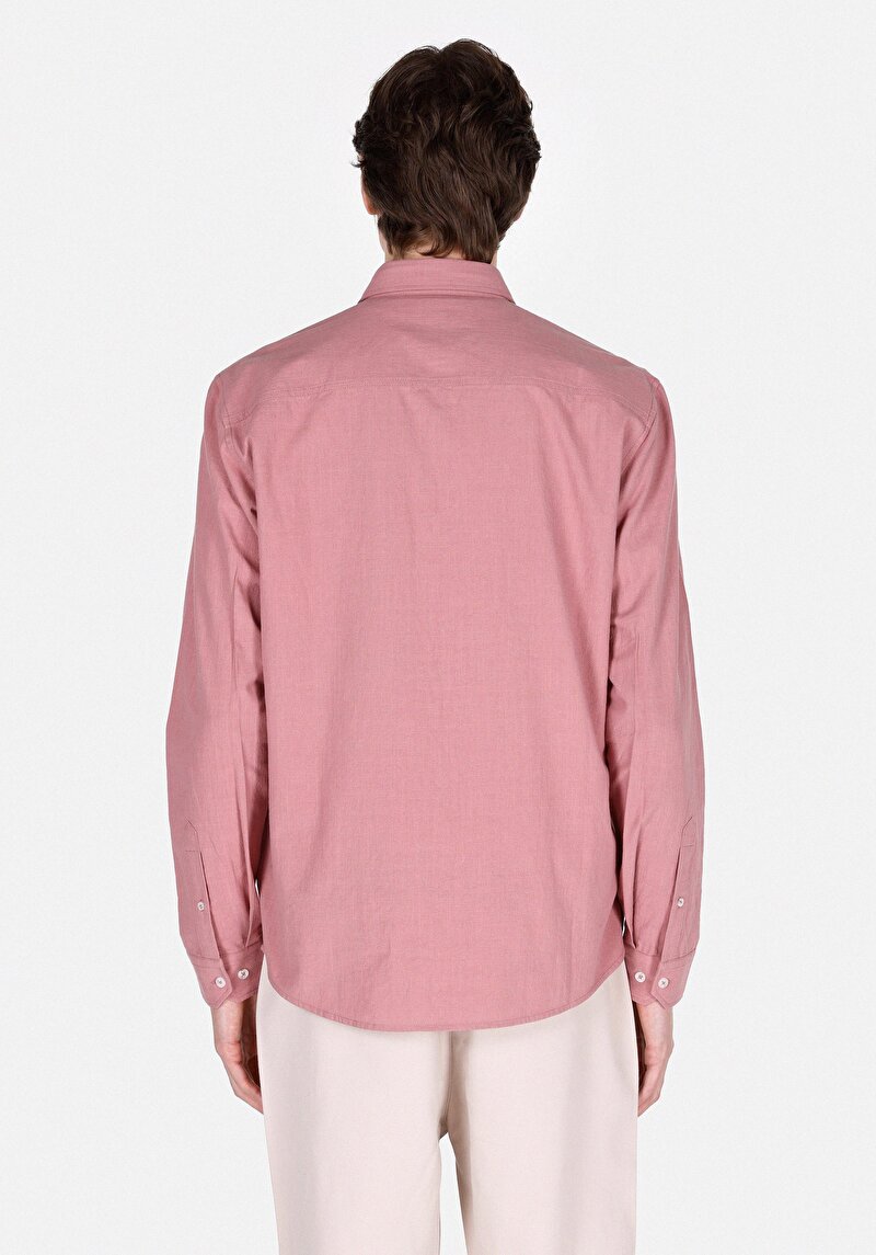Regular Fit Shirt Neck Düz Erkek Pembe Uzun Kol Gömlek