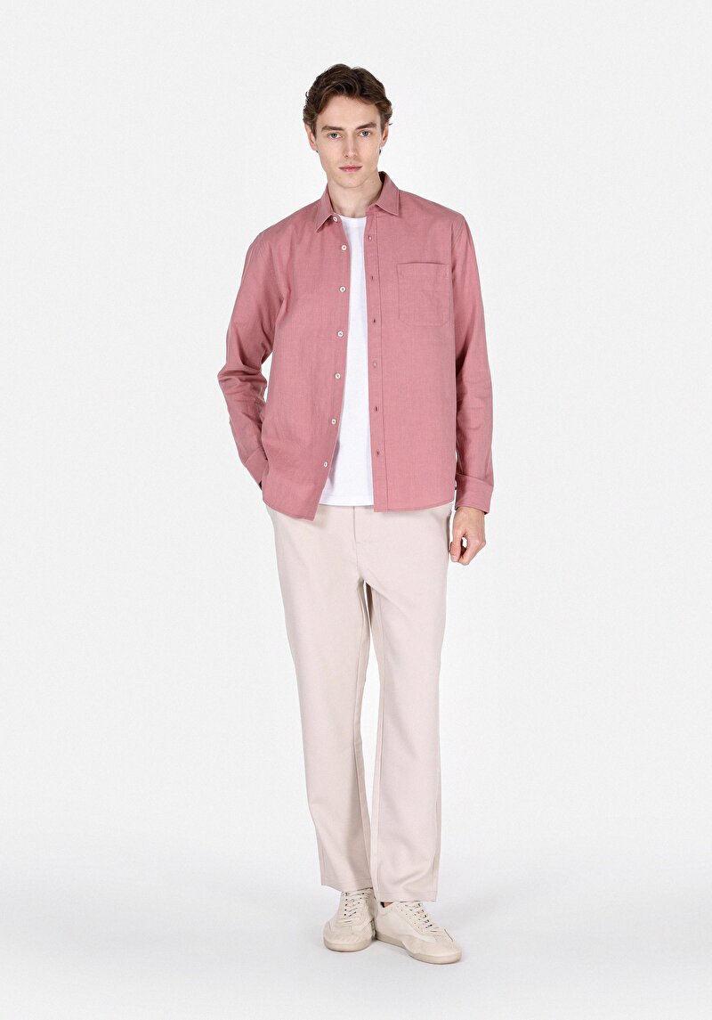 Regular Fit Shirt Neck Düz Erkek Pembe Uzun Kol Gömlek