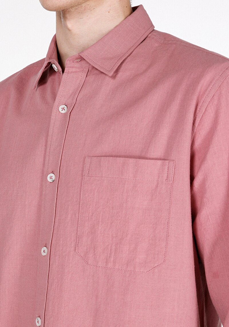 Regular Fit Shirt Neck Düz Erkek Pembe Uzun Kol Gömlek