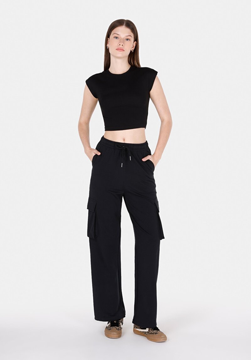 Regular Fit Orta Bel Düz Kadın Siyah Eşofman Altı