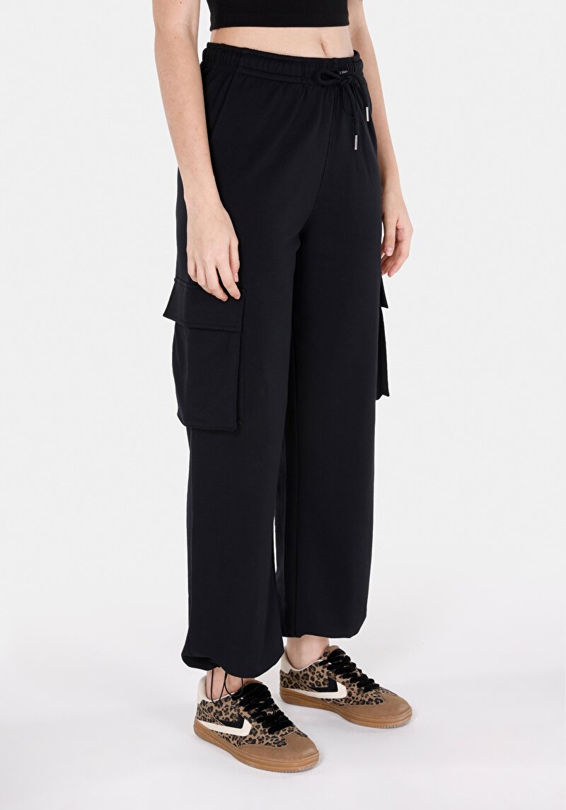 Regular Fit Orta Bel Düz Kadın Siyah Eşofman Altı