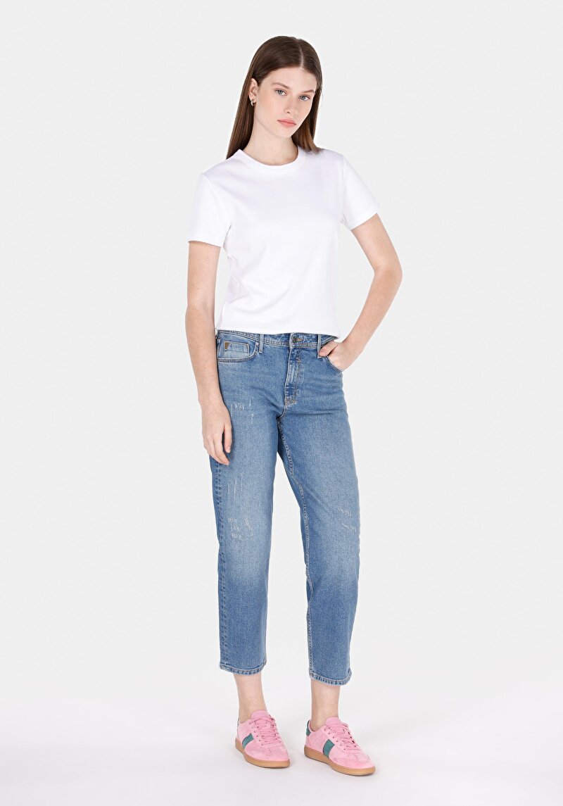 Boyfriend Fit Orta Bel Daralan Paça Kadın İndigo Jean Pantolon